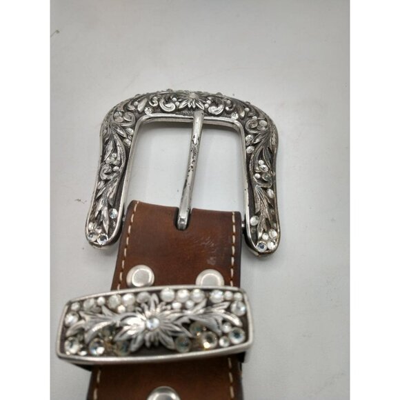Nocona Western Embroidered Brown Leather Belt With Ornate Silver Buckle & Rhines - Picture 1 of 10